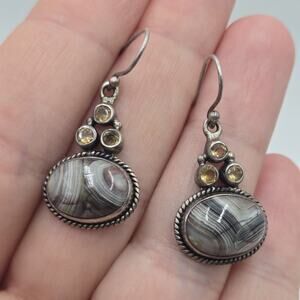Vintage 925 Sterling Silver Cabochon Cut Grey Agate And Citrine Dangle Earrings